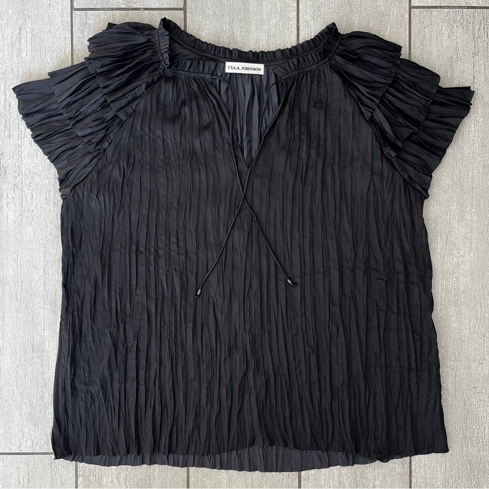 Ulla Johnson Pleated Ruffle Blouse Black Size 4 Designer Tiered Sleeve Front Tie